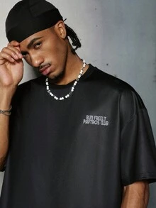 PAVTROS 男士时尚复古标语印花短袖T恤 - 黑色 - 查看 2