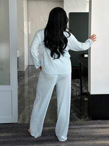 Dazy Plus 两件套休闲条纹宽松长袖上衣和长裤睡衣套装，舒适家居服 - 藍色 - 查看 7