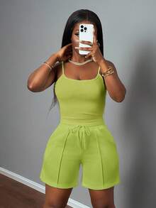 Slaydiva 新款春夏休闲基础运动风U领背心+五点式齿条装饰运动裤 白色女式两件套-A - 橄欖綠 - 查看 6