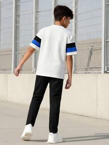 Vacaura 1pc Teen Boy's Crew Neck Short Sleeve Patchwork T-Shirt,Knitted Jacquard Fabric,Slim Fit Striped Top,White,Summer,Streetwear,Beach,New Spring Clothes - Black and White - View 2
