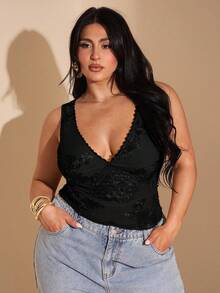 SHEIN BAE 大码女式优雅性感蕾丝边V领无袖背心，适合度假、约会、夜店、派对、泳池派对、海滩、休闲度假穿着，Y2K风格，假日 - 黑色 - 查看 2
