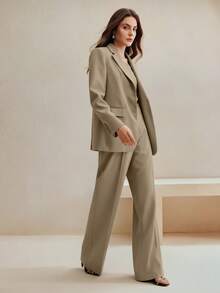 Anewsta 2pcs Women's Suit Set, Vintage Style Blazer Jacket & Straight Leg Pants, Maillard Color - Khaki - View 2