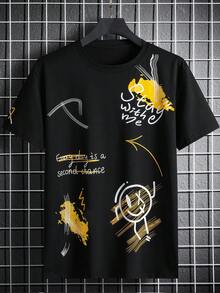 Manfinity LEGND Men T-Shirts Fit Crew Neck Short Sleeve Graffiti Tee Funny Casual Summer Polyester - Black - View 1