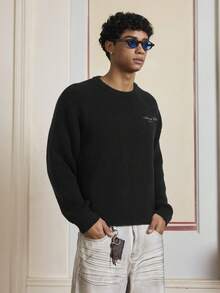 SWAVVY Fashionable Men's Drop Shoulder Long Sleeve Loose Casual Pullover Sweater Baggy Long Sleeve Shirt Magnified Men Long Sleeve Knit Mens Sweatshirts Mens Long Sleeve T-Shirts Men S Sweatshirts Men S Long Sleeve Tshirts - Black - View 3