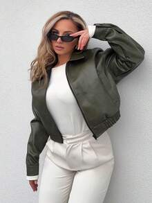 Jeta Ari Spring New Distressed Leather Jacket, Short Women Regular Jacket For Valentine's Day,Fall Clothes - Dark Green - View 6