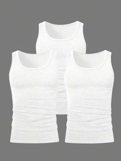 HUEFORM 3pcs/Pack Men's Solid Color Round Neck Casual Versatile Daily Wear Undershirt Tank Top White Tops Men Men Tank Top Set White Tank Tops