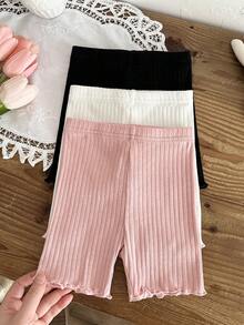 LMoss Kids 3件套女婴针织纯色荷叶边休闲裤套装 - 彩色 - 查看 7