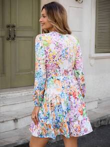 Louniche 女士休闲碎花褶皱拼接腰带长袖连衣裙，适合春秋季穿着。 - 彩色 - 查看 2