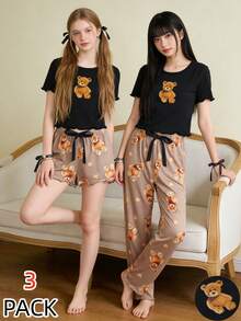 Tween Girl Spring And Summer New Cute Bear Print Shorts And Pants Matching Short Sleeve Top 3-Piece Homewear Set - Brown - View 3