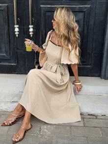 Serisse 女士方领插肩袖休闲时尚中长连衣裙 - 杏色 - 查看 6