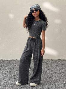 Tween Girls Spring/Summer Streetwear Minimalist Washed Grey Bustier Slim Fit Tees Straight Leg Baggy Mid Rise Straight Pants Two Pieces Outfits - Black - View 5