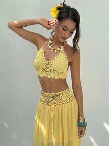Conjunto 2 Piezas Mujer Top Punto Sin Mangas con Flores 3D + Falda, Estilo Halter de Ganchillo y Gasa, Diseño Bohemio Tropical, Ideal para Verano, Playa, Vacaciones, Otoño e Invierno, - Amarillo - Ver 7