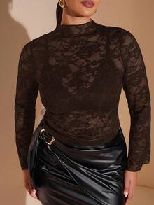 SHEIN BAE Bluză sexy cu mânecă lungă și dantelă transparentă pentru femei, mărime plus - cafea maro - Vizualizare 10