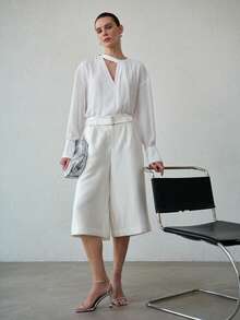 MOTF PREMIUM WOMEN'S WHITE WIDE LEG CROPPED PANTS WITH BELT, SPRING/SUMMER - White - View 6