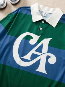 Casuvi Kids Casual & Fashionable, Retro American College Style Striped Tween Boys Polo Shirt, Large M Letter Print Design On Chest, Contrast White Collar, Blue & Green Striped Body, Suitable For School, Commute, Casual, Party Occasions Pullover Shirt Boy Boy Clothes Casual Boy Clothes - Green - View 6