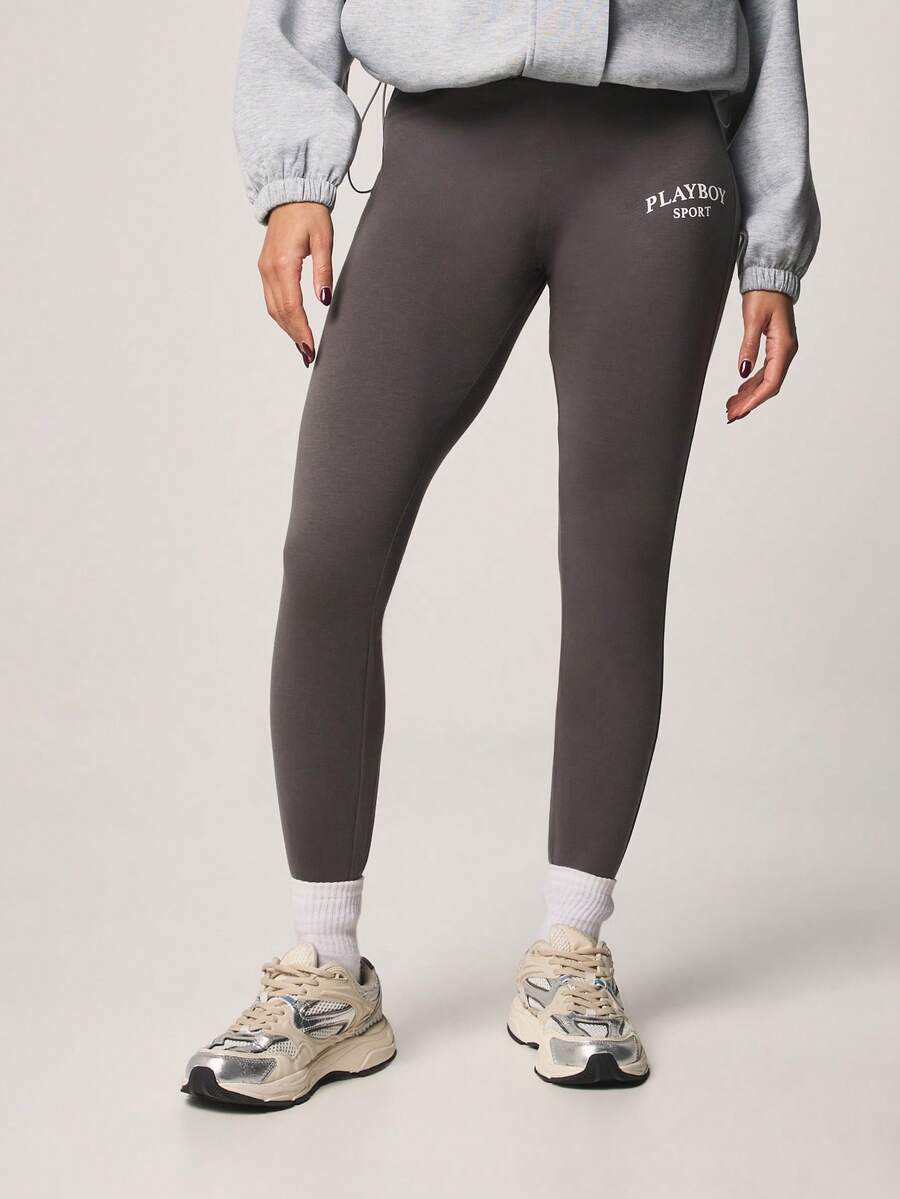 Missguided x Playboy Sport Logo High Rise Full Length Leggings With Side Contrast Details And Fitted Silhouette - Dark Grey - View 1