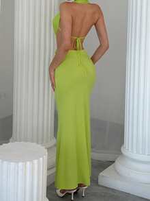 Aloruh 性感露背 V 领扭纹前褶皱连衣裙，浪漫约会风格，无袖，芥末色，春夏 - 橄欖綠 - 查看 7