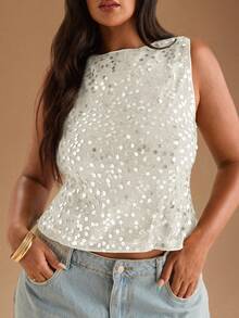 SHEIN BAE Damen Plus Sexy Rückenfreies Trägertop mit Ausschnitten, einfarbig grün, Mode für Strandurlaub, Feiertage, Frühjahrsferien, Musikfestival, Party, Konzert, Frühherbst, Halloween, Pailletten, Party, Sexy, Elegant - Weiss - Übersicht 3