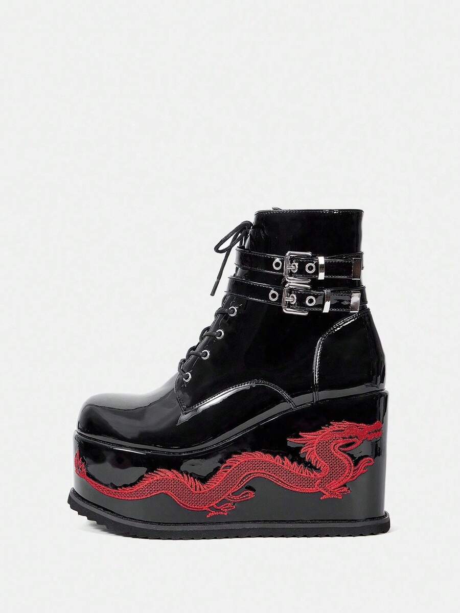 Sugerpunk Women's Chinese Dragon Pattern Grommet Design Chunky Heel Glossy Short Boots Valentine's Day - Black - View 1