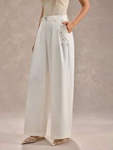 CLARA VERO White Pearl And Rhinestone Embellished Wide Leg Pants: Loose Fit, Ideal For Special Occasions Or Daywear, Made From Non-Elastic Polyester Fabric With Double Front Pleats, High Waist And Elegant Beaded Hem Details - White - View 3