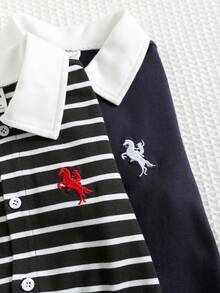 2件套新生男宝宝可爱条纹短袖polo领连体衣套装，适合生日派对、晚宴、演出、婚礼、满月庆祝、洗礼和宝宝周岁派对等场合。 - 彩色 - 查看 4