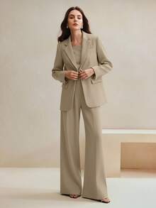 Anewsta 2pcs Women's Suit Set, Vintage Style Blazer Jacket & Straight Leg Pants, Maillard Color - Khaki - View 6
