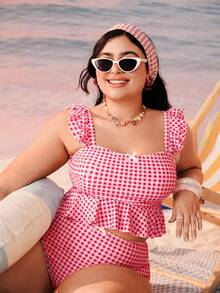 Swim Mod Plus Size Plaid Print Flounce Adjustable Strap Swimsuit Set, Vacation & Beach - Multicolor - View 6