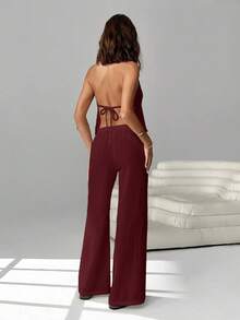 SHEIN EZwear 2pcs/Set Women Woven Backless Halter Top And Pants Casual Vacation Outfit, Deep Wine Red Two Piece Vacation Set Women Summer 2 Piece Sets Woman Pant Suit Summer Sets Casual Two Piece Set Pants Two Piece Set - Red Violet - View 2