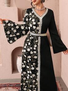 Al Najma Style Turkish Elegant Robe, Netted With Waist Belt, Long Sleeve - Black - View 3
