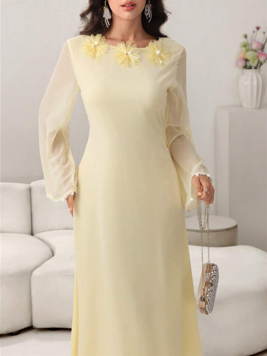 Yasmyna Women's Elegant Arabic Style Chiffon Floral Lace Tie Waist Long Sleeve Woven Dress, Spring/Summer, Yellow - Yellow - View 1