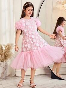 SHEIN Tween Girl Woven Mesh Floral 3D Ruffle Hem Casual Dress