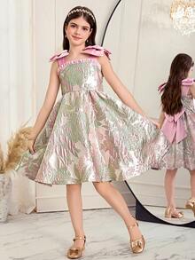 SHEIN Tween Girl Beaded Shoulder Bow Back Butterfly Jacquard Sleeveless Dress