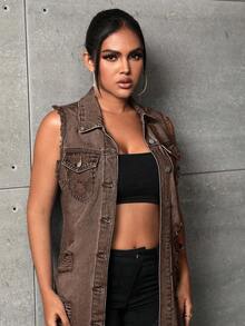 Selenza Women's Single-Breasted Distressed Frayed Hem Casual Sleeveless Denim Jacket - Coffee Brown - View 5