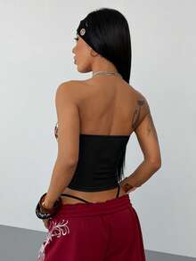 SHEIN HypeZone 女士夏季抹胸上衣，朋克纽约建筑与自由女神像图案抹胸上衣 - 黑色 - 查看 2