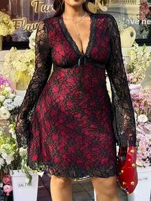 GalTyme 大码女式前系带蕾丝喇叭袖性感时尚春夏连衣裙 - 彩色 - 查看 3