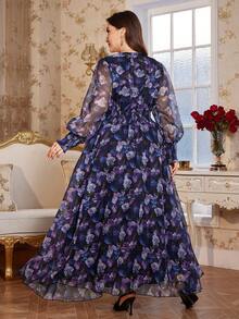 Reflora Đầm cỡ lớn dành cho nữ, in họa tiết hoa, phối lưới, màu tím, thanh lịch. - Nhiều màu - Xem 9