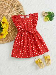 SHEIN Vestido lindo con cuello redondo, cintura con lazo y dobladillo con volantes con estampado de corazones para niña bebé - Rojo - Ver 5