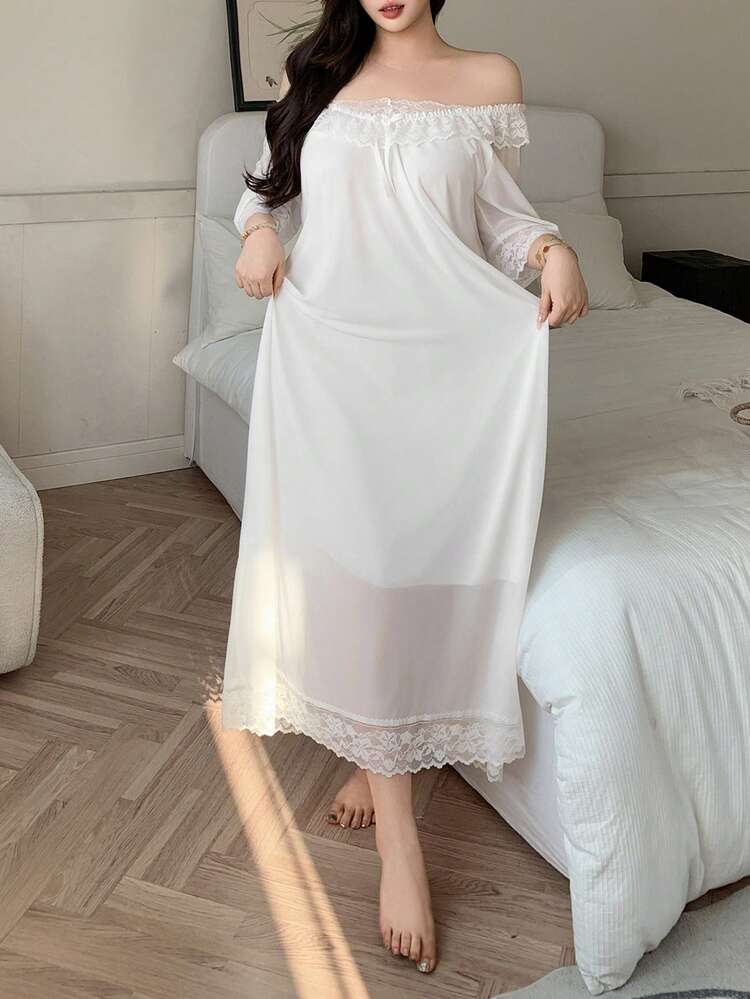 Dazy Plus Mesh Contrast Lace Off-Shoulder Loose Sexy Long Nightgown