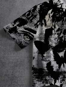 Manfinity ZONE917 High Quality Men's Loose Fit Gray & Black Graffiti Eye & Butterfly English Graphic Print Short T-Shirt - Multicolor - View 4