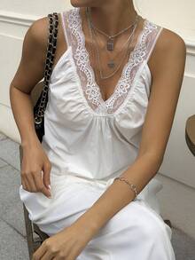 Livesso Women's Summer Casual Vacation Style Contrast Lace V-Neck Pleated Camisole - Beige - View 7