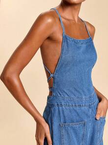 Travachic Women's Backless Tie Strap Pocket Wide Leg Fashionable Denim Jumpsuit - Medium Wash - View 5