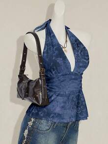 SHEIN ICON Áo ba lỗ hở lưng cổ chữ V sâu, eo thắt kiểu chữ A, phong cách cổ điển - Màu xanh lam - Xem 5