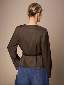 Maija Women's Solid Color V-Neck Long Sleeve Casual Commuter Lightweight Jacket - Brown - View 4