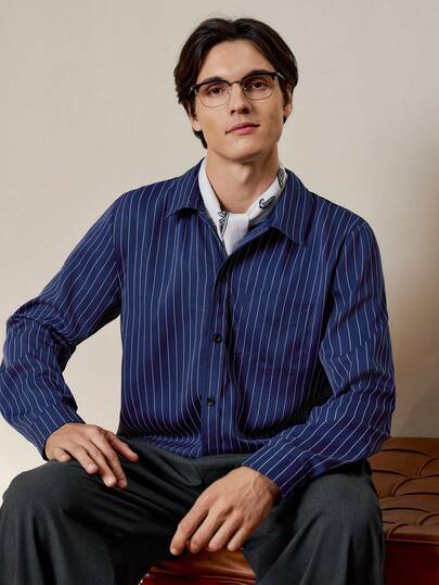 RONVEXI Chemise à manches longues boutonnée slim rayée pour hommes, chemise texturée pour hommes, chemise à manches longues Cityboy pour hommes, chemise décontracté pour hommes, chemise à col mao pour hommes, chemise à manches longues rayée pour hommes, chemise décontracté vintage pour hommes, mode homme Cityboy, chemise à manches longues rayée pour hommes