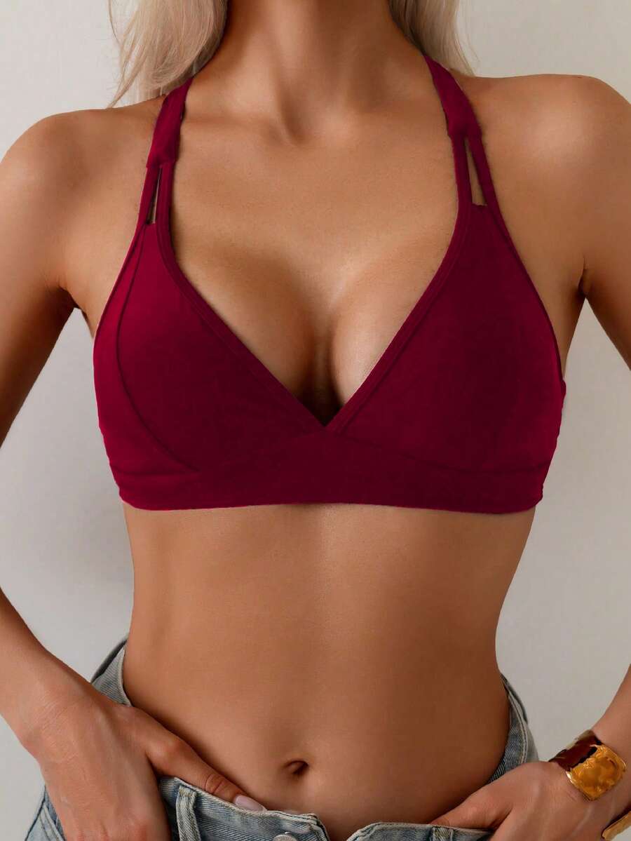 SHEIN Swim Áo bikini nữ màu trơn, dây chéo sau lưng, kiểu dáng tối giản, thoải mái - Màu Đỏ Sâu - Xem 1