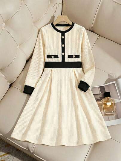 Sparklyn 少女春夏通勤优雅休闲百搭长袖连衣裙，仿口袋纽扣装饰，圆领针织弹力面料，适合日常外出和聚会。