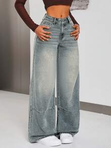 SHEIN ICON Jeans de pierna ancha con bolsillos y botones, de uso casual y versátil para uso diario de mujeres - Azul - Ver 3