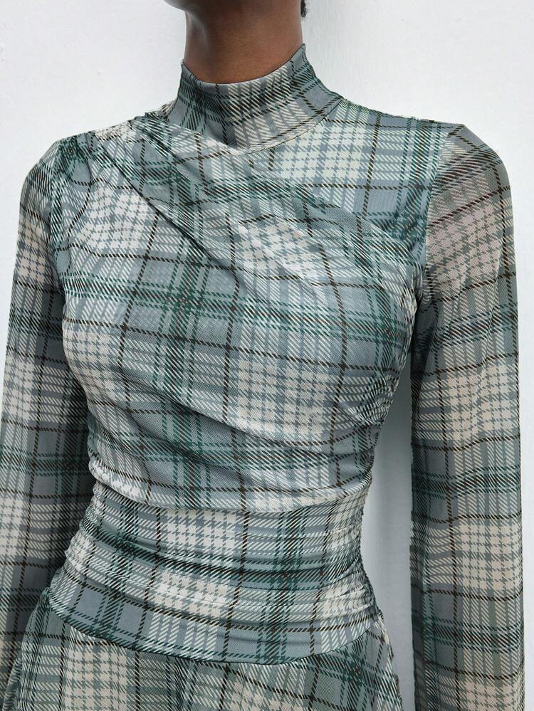 SHEIN Maija Vestido Casual/Escritório Mulheres Xadrez Gola Alta Manga Sino Cintura Franzida Mini Vestido, Outono