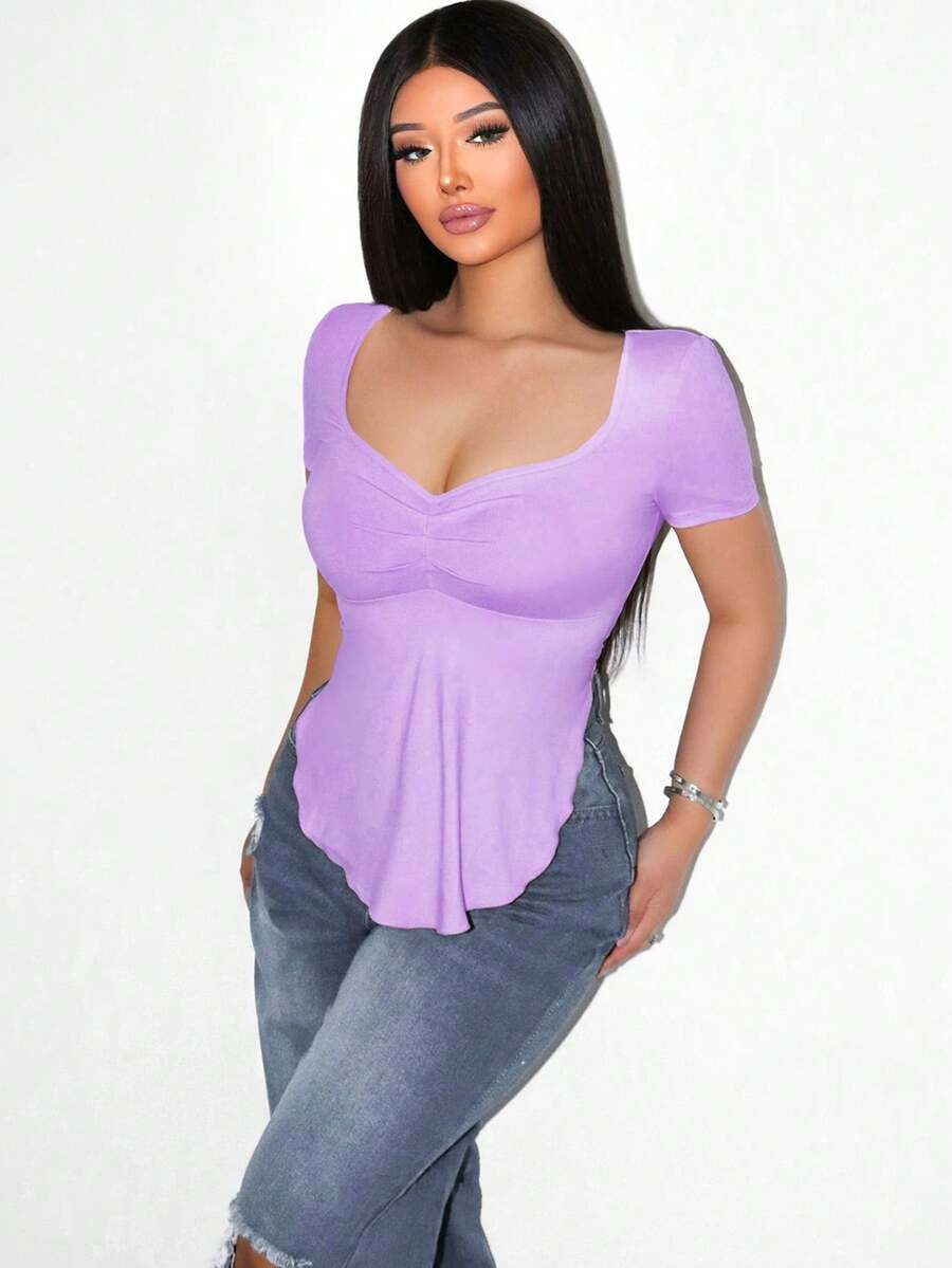 Sirith Casual Mauve Purple Knitted T-Shirt For Women Short Sleeve Square Neckline Ruched Detail Asymmetrical Hem Regular - Mauve Purple - View 1