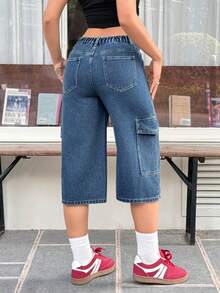 Rivivi Women's Casual Washed Straight Leg Cargo Capri Jeans - Dark Wash - View 2